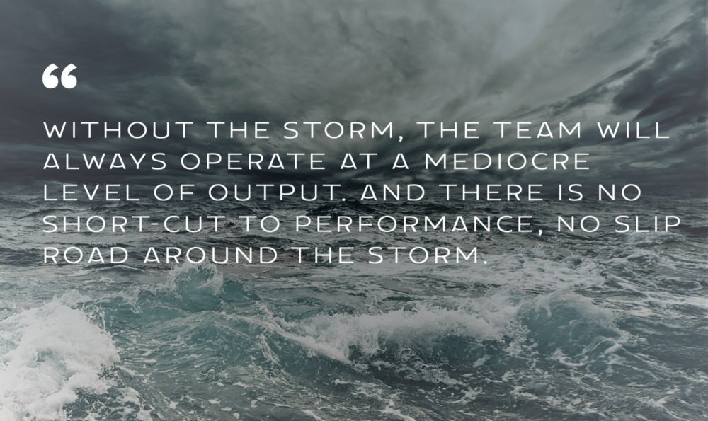 Image of a storm over the sea with the quote: "Without the storm, the team will always operate at a mediocre level of output. And there is no short-cut to performance, no slip road around the storm."