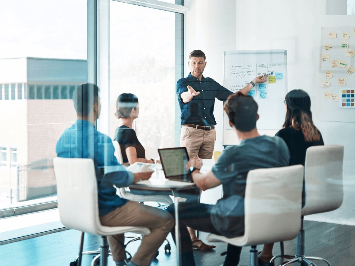 Leadership Effectiveness: Leader collaborating with team on business strategy