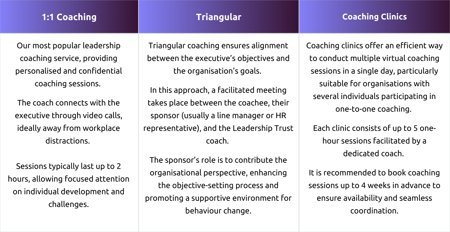 Executive coaching options table